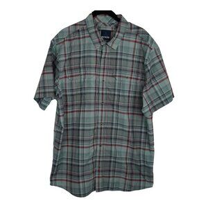 PrAna Men's Large Short Sleeve Plaid Button Down Shirt Nylon Green Red Gray EUC!